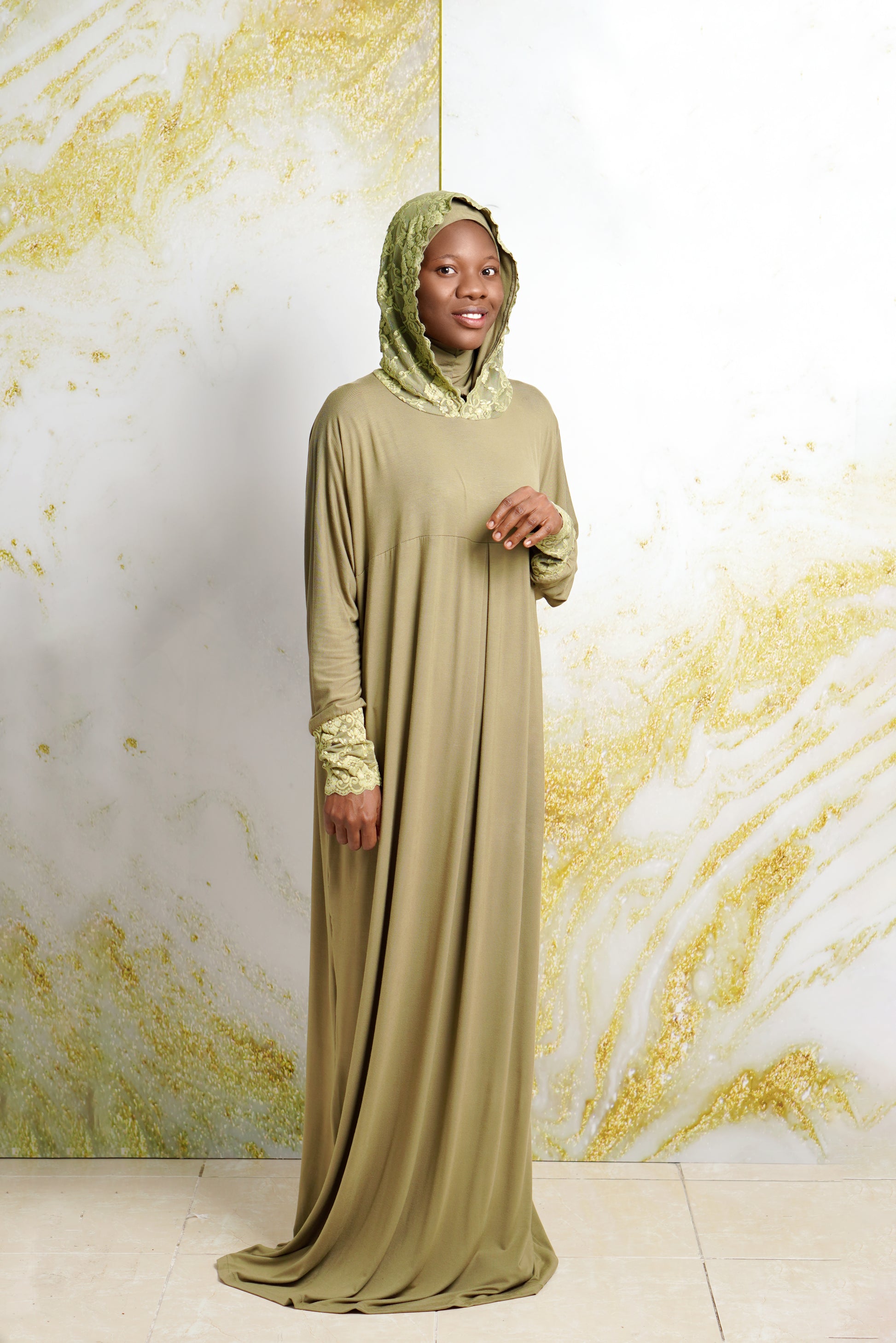 Cotton Stritch with Dantel | prayer dress (Olive green) Harhash Cotton Stritch with Dantel | prayer dress (Olive green) Harhash